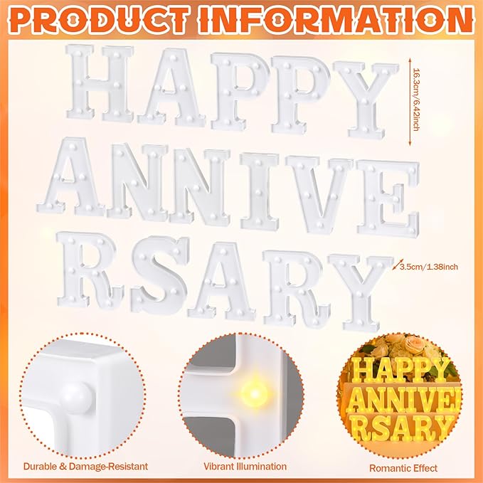 Honoson 16 Pcs Happy Anniversary Decoration Light up Letters Sign Wedding Anniversary Party Light LED Neon Table Decoration for Valentine's Day Wedding Romantic Party Decor