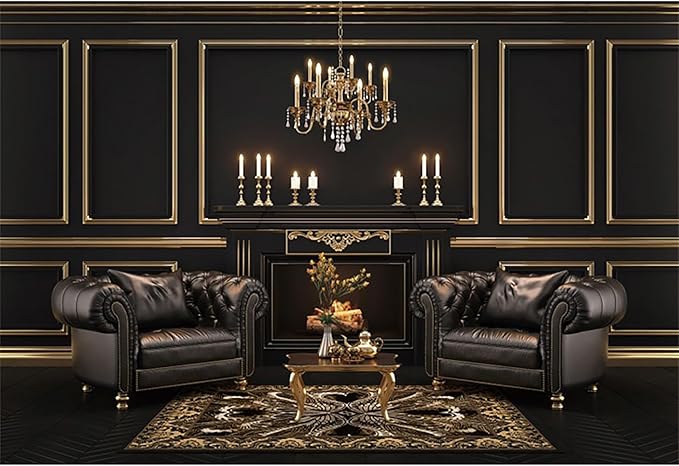 Baocicco 12x8ft Vinyl Black Luxury Interior Photography Backdrop Fireplace Sofa Chandelier Nordic Style Vintage Wall Backdrops for Birthday Wedding Events Party Home Decors Photo Booth Studio