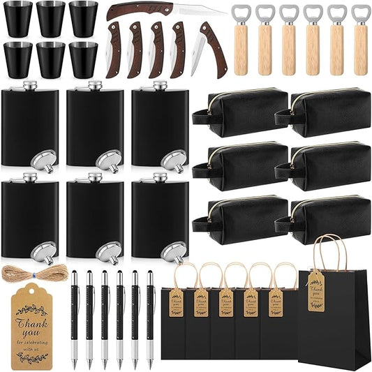44 Pcs Baby Shower Game Prizes for Men Winners with Flasks PU Leather Toiletry Bag Multi Tool Pen Bottle Opener Folding Knife Gift Bags for Baby Shower Groom Bachelor Party(Black)