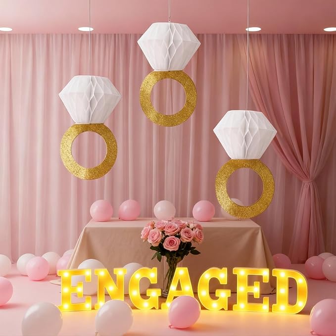 10 Pcs Engagement Party Decorations Glitter Gold Honeycomb Engagement Ring Hanging Decorations Engaged LED Letter Lights Table Decoration for Bachelorette Wedding Anniversary Party Decor