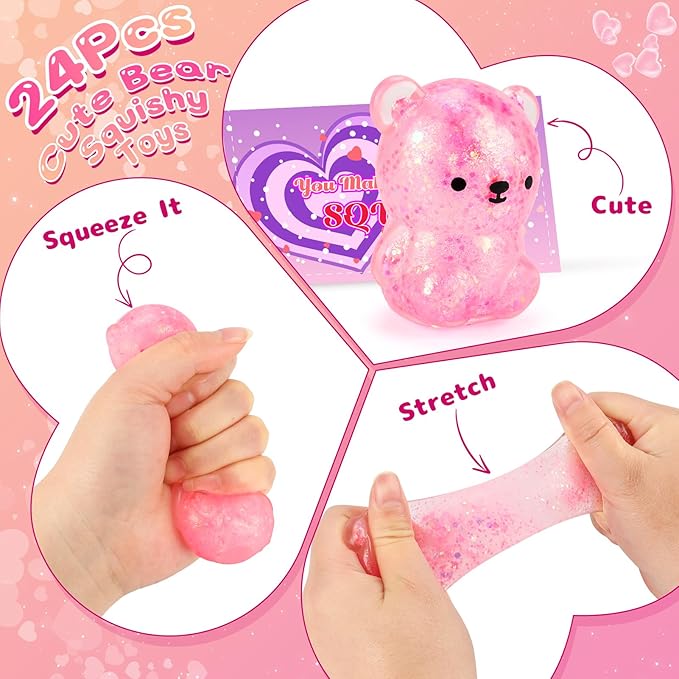 Valentines Day Cards for Kids Classroom, 24Pcs Cute Bear Squishy Toys with Valentine Cards, Valentines Day Gifts for Kids School, Valentine's Day Exchange Gifts Class Exchange Prizes