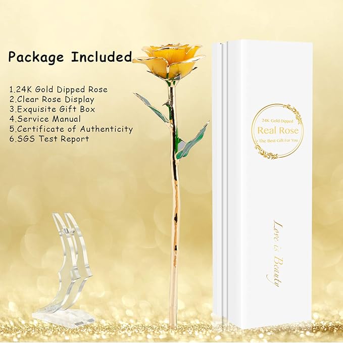 24K Forever Gold Rose, Gold Dipped Rose Made from Real Rose Best Gifts for her and Great Gifts for Her, Yellow with Stand