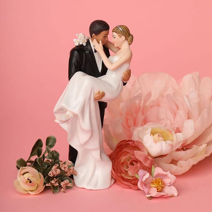 Wedding Collectibles Interracial Wedding Cake Toppers Bride and Groom | African American Groom Holding Caucasian Bride | Unique Interracial Cake Topper Figurine | Fine Porcelain | 6 Inches