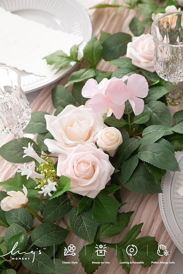 Ling's Moment 5FT Cream Artificial Flower Garland Fake Rose Eucalyptus Garland Arch Flowers Vine for Wedding Party Backdrop Home Table Centerpieces Decorations