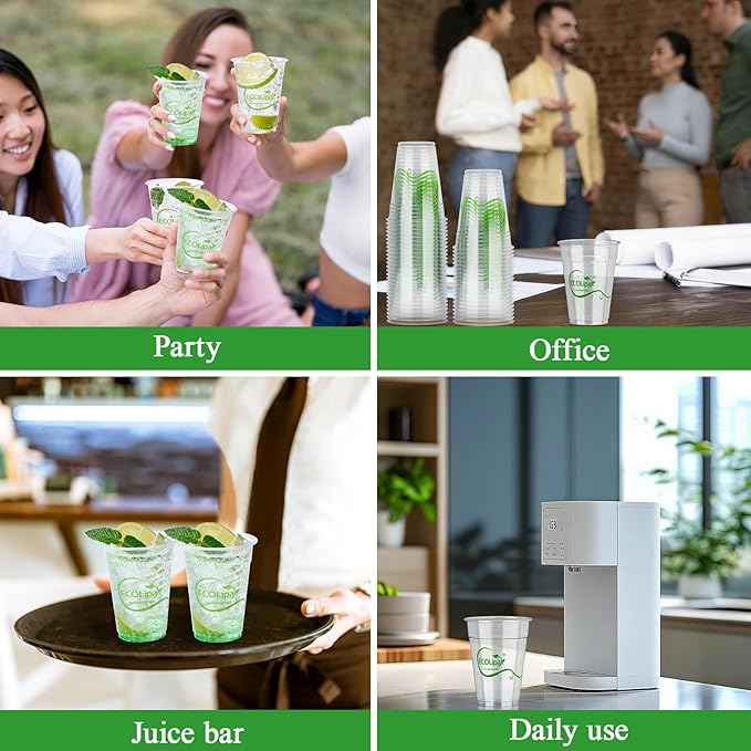 ECOLipak 1000 Count 9 OZ Clear Compostable Plastic Cups, Disposable Plant-Based Biodegradable Drinking Party Cups, PLA Plastic Cold Tumblers for Restaurant, Office, Canteen, Large Gathering