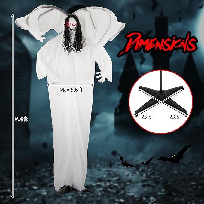 BECOMFORT 6.6 FT Halloween Animatronics, Sound-Activated Standing Angel with Flapping Wings, Glowing Eyes, Creepy Sounds & Posable Arms, Animated Halloween Props Decoration for Indoor & Outdoor