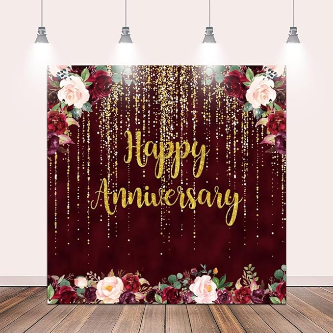 8x8ft Happy Anniversary Backdrop, Gold Glitter Burgundy Wedding Anniversary Photography Background 1st 40th 50th 65th Couple Wedding Women Birthday Floral Party Decorations Cake Table Decor
