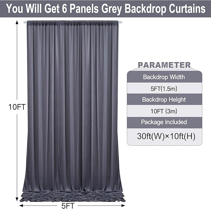 30ft×10ft Wrinkle Free Grey Backdrop Curtains for Parties, 6 Panels 5×10ft Soft Silky Polyester Charcoal Photo Backdrop Drapes for Birthday Baptims Baby Shower Wedding Photography Backgrounds