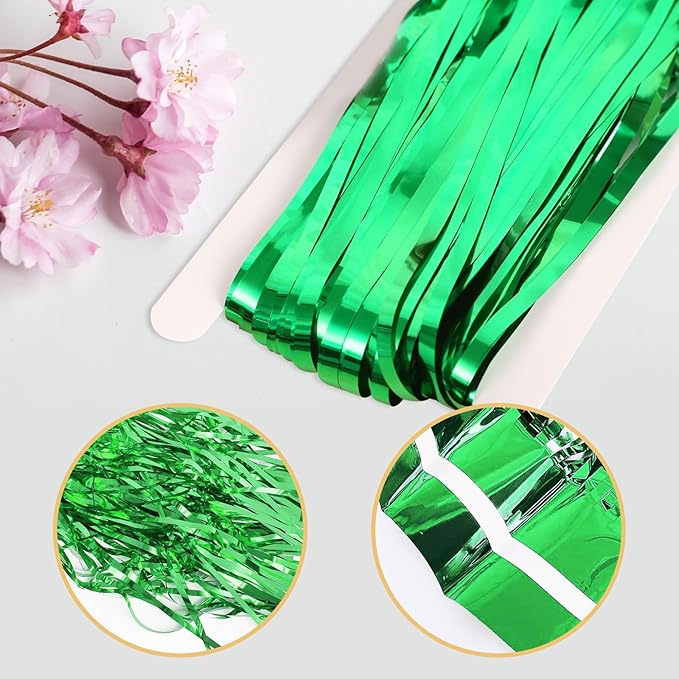 Green Foil Fringe Curtains 50 Pack 3.2ft x 8.2ft Fringe Backdrop Curtains Metallic Tinsel Streamer Photo Backdrop for Birthday Party Decorations Halloween Christmas Party Supply (Green)