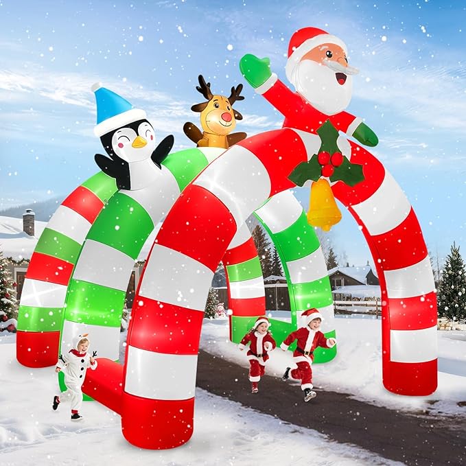 12FT Christmas Inflatable Archway with LED Light, Kalolary Santa Elk Inflatable Tunnel Stereoscopic Xmas Penguin Arch Inflatables Christmas Blow up Outdoor Decoration for Yard Lawn Party Shopping Mall
