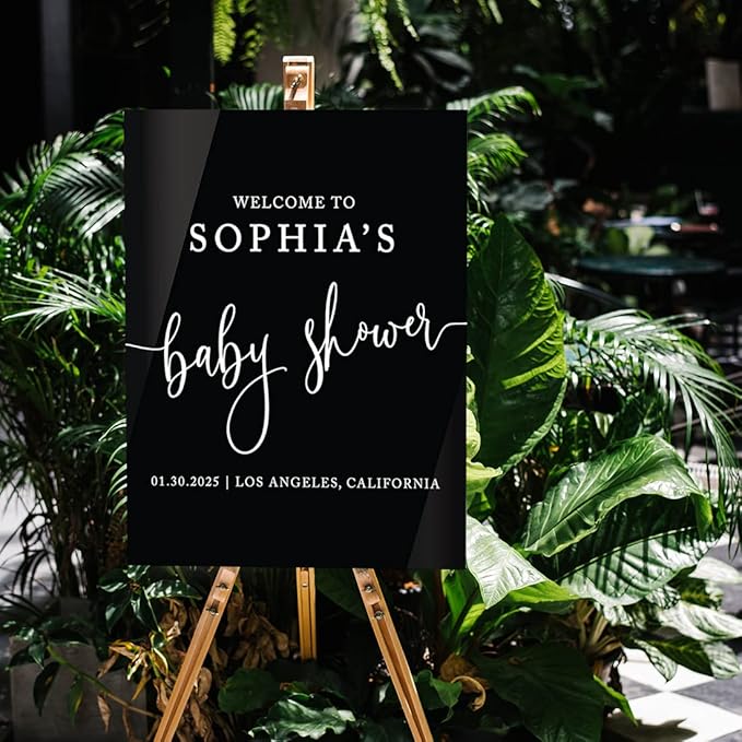 Andaz Press 16"x20" Black Acrylic Personalized Baby Shower Welcome Sign, Gender Neutral Large Custom Sign for Easel Stand, Modern Baby Shower Decorations