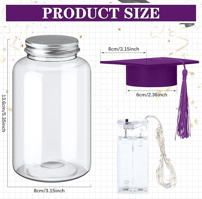 Boao 16 Sets Graduation Table Decoration Set with LED Light up Graduation Decorations for Class of 2026, Grad Jar, Felt Grad Hat and Stickers for High School College(Purple)