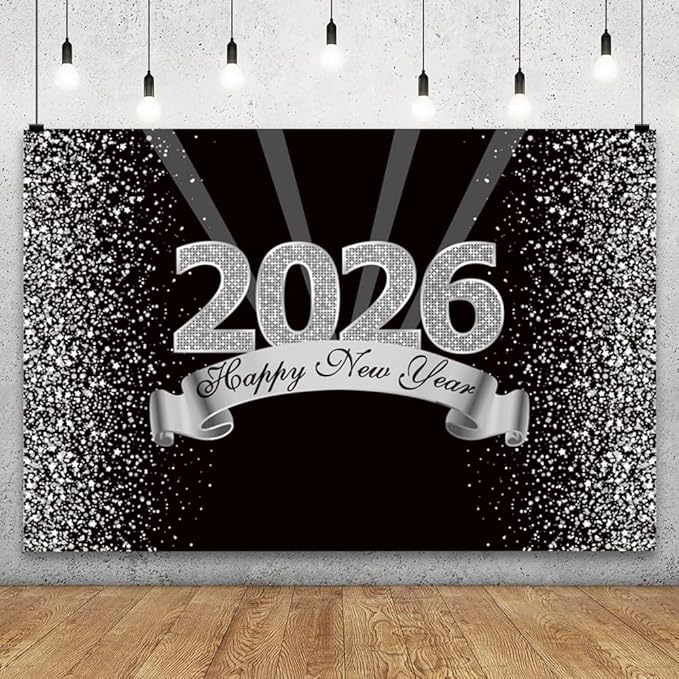 YongFoto 2026 Happy New Year Backdrop 10x6.5ft Black Silver Photography Background Merry Christmas Night Festival Carnival Celebration Party Banquet Decor Banner Photoshoot Wallpaper Photo Booth