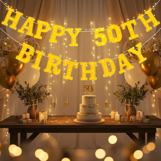 Honoson 17 Pcs 50th Birthday Party Decoration Happy 50th Birthday Light up Table Sign 6.42 Inch LED Neon Marquee Lights for Room Table Wall Decoration Party Supplies