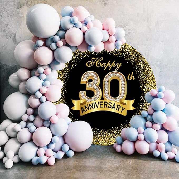 6.5x6.5ft Happy 30th Anniversary Round Backdrop Cover Diamond Black Gold Happy 30th Years Wedding Anniversary Party Theme Photo Background Luxurious Gold Sequins Banquet Circle Backdrop Decor