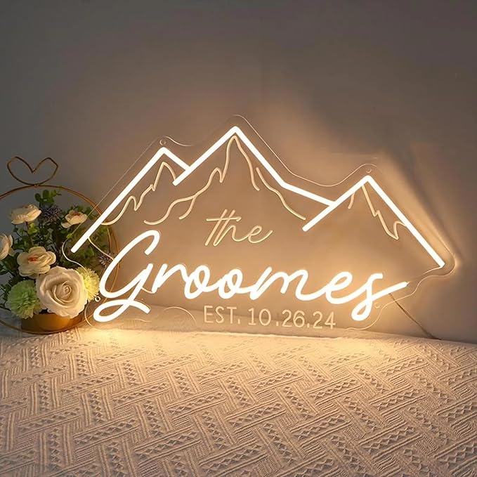 Custom Mountain Theme Wedding Neon Sign Personalized Family Name Established LED Neon Light Wedding Engagement Grass Wall Backdrop Decor Home Wall Décor