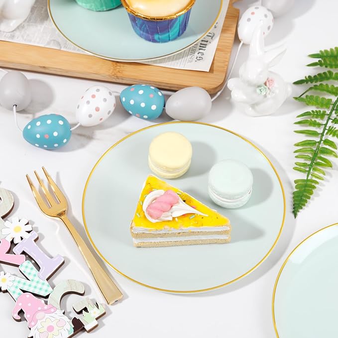 Festiva 200Pcs Pale Sage Green Gold Cake Plates 6.3" with Plastic Forks 5"- Disposable Salad Plates-Green Dessert Plates-Appetizer Plastic Plates - include 100Plates 100Forks for Party&Wedding&Easter