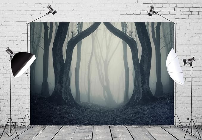 BELECO 10x8ft Fabric Dark Misty Woods Halloween Spooky Forest Backdrop for Photography Magic Grove Vampire Evil Trees Background Witch Wizard Sorcerer Ghost Theme Party Decorations Banner Photo Props