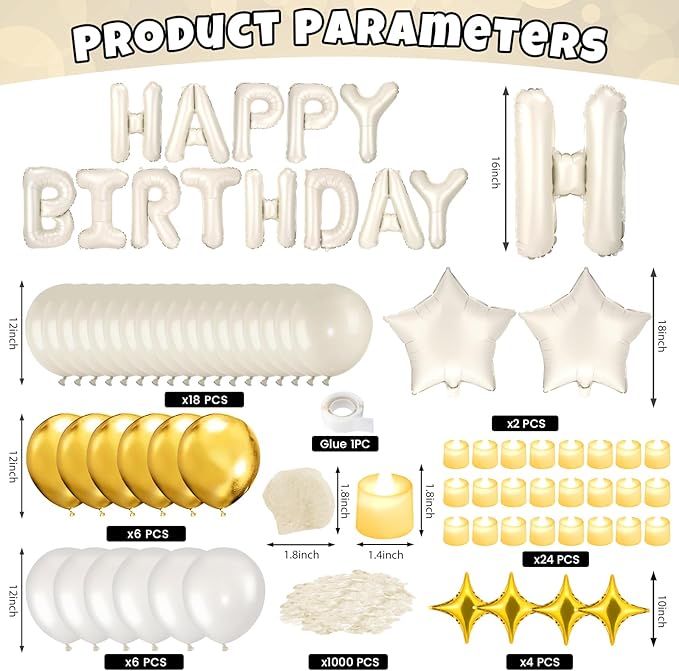 White Gold Happy Birthday Balloons Decorations Cream White Gold Birthday Balloon Letters Banner with 6 Pcs Star Balloons White Artificial Rose Petal 24 Flameless LED Candles for Room Hotel Party Decor