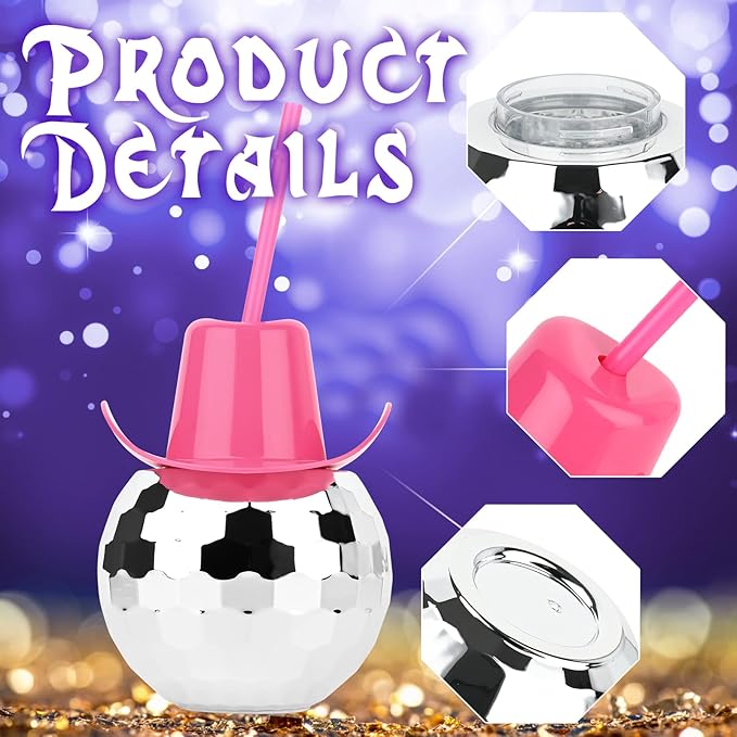 6 PCS Disco Ball Cups Pink Cowgirl Hat Mirror Party Cup with Straws Silver 70s Cocktail Cup Sparkling Tumbler Wine Glass for 1970s Bar Dance Cowboy Bachelorette Party Decorations Supplies
