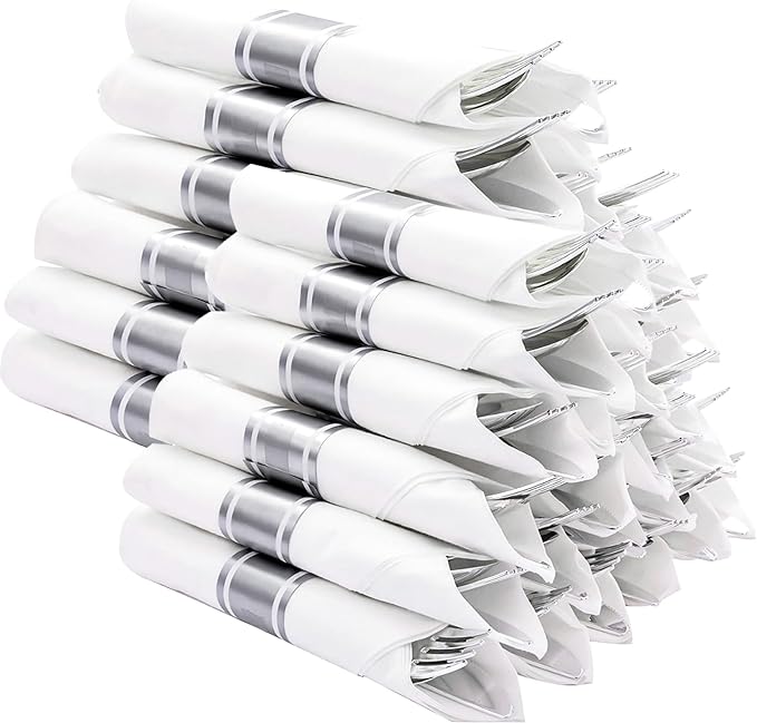 N9R 120 Pack Pre Rolled Silver Plastic Silverware Set, Wrapped Silverware Set Disposable with 120 Forks, 120 Knives, 120 Spoons, 120 Napkins, Disposable Cutlery Set for Party and Wedding