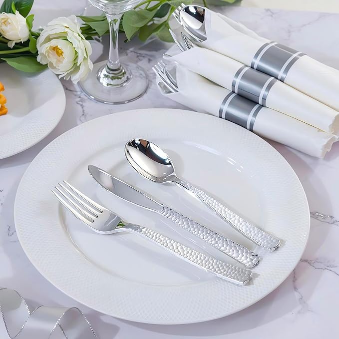 WELLIFE 100 Pack Silver Plastic Silverware, Pre Rolled Silverware Set Disposable,Plastic Cutlery Includes: 100 Forks, 100 Knives, 100 Spoons, 100 Napkins, Cutlery Set Disposable for Party and Wedding