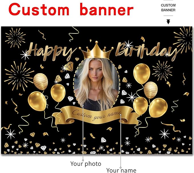 AUBAO Custom Black Gold Crown Happy Birthday Banner Backdrop Personalized Happy Birthday Golden Balloon Diamond Backgroud Party Indoor Outdoor Car Decoration Supplies for Man Women (5x7.5ft)