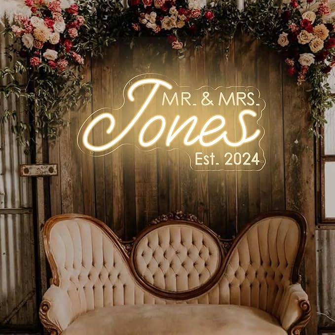 Custom Last Name Neon Sign, Mr and Mrs Name Sign Wedding Backdrop Wall Decor Family Name LED Light Welcome Sign Personalized Wedding Gifts