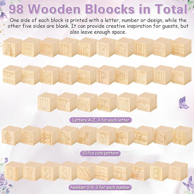 Marsui 136 Pcs Baby Shower Blocks to Decorate Game Kit Includes 98 Wooden Blocks, 36 Markers, 1 Game Sign, 1 Storage Box for Baby Shower Gender Reveal Activity Party Decorations(Butterfly)