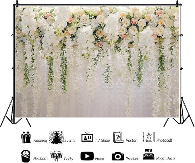 15x10ft Wedding Backdrop White Curtain Floral Wedding Ceremony Photography Background Bridal Shower Party Decor Lover Engagement Proposal Prom Banner Newborn Baby Shower Party Vinyl Wallpaper