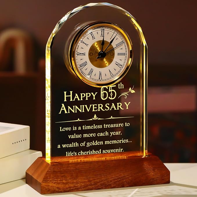 YWHL 65th Wedding Anniversary Clock Gifts for Parents Grandparents, 65 Years for Couples, Table Clock Glass Presents with Wooden Light Base for Home Decoration (Battery not Included)