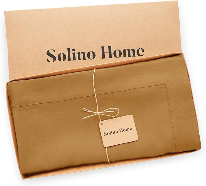 Solino Home Linen Tablecloth for Rectangle Tables 60 x 90 Inch - 100% Pure Linen Caramel Table Cloth - Fete, Machine Washable Cloth Tablecloth for Spring, Easter