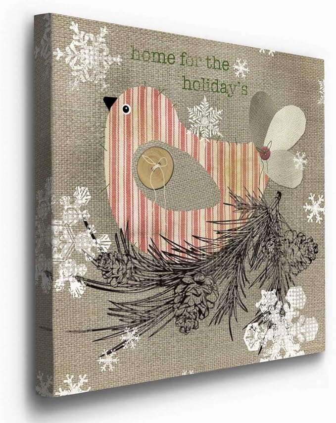 Renditions Gallery Home for the Holidays Bird Wall Art, Cute Christmas & Winter Decor, Pine Cones & Snowflakes, Premium Gallery Wrapped Canvas, Ready to Hang, 24 in H x 24 in W, Made in America