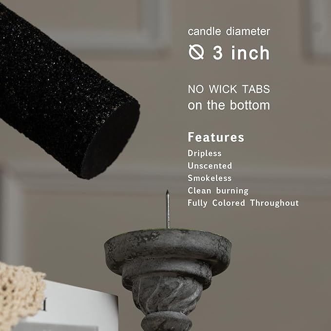 MOZEAL Hand-Poured Granular Texture Decorative Black Pillar Candles Set of 3 (3"x4", 5", 6"),Approx 300 Hours Burn Time Dripless, Unscented, Smokeless, for Halloween