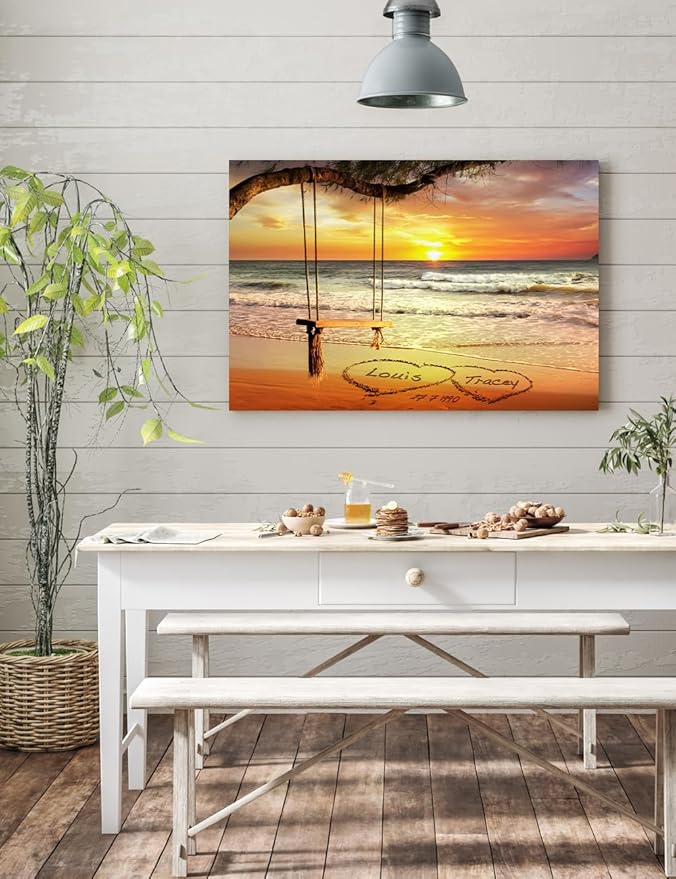 IPIC - "Eternal Love Personalized Canvas Wall Art, Custom Beach Sunset Scene with Names and Date in Sand, A Personalized Gift for Couple, Wedding, or Anniversary, Coastal Home Decor