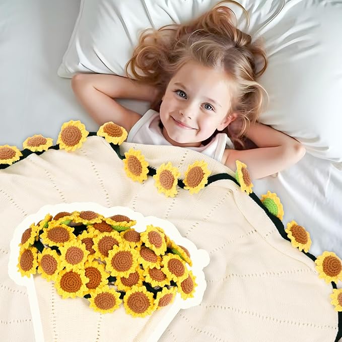 cagulax Birthday Gifts for Women Sunflower, Self Care Birthday Gifts for Best Friend, Mom, Sister, Wife, Grandma, Teacher, Cozy Throw & Decor Sunflower Crochet Flowers Bouquet Blanket 63 Inches