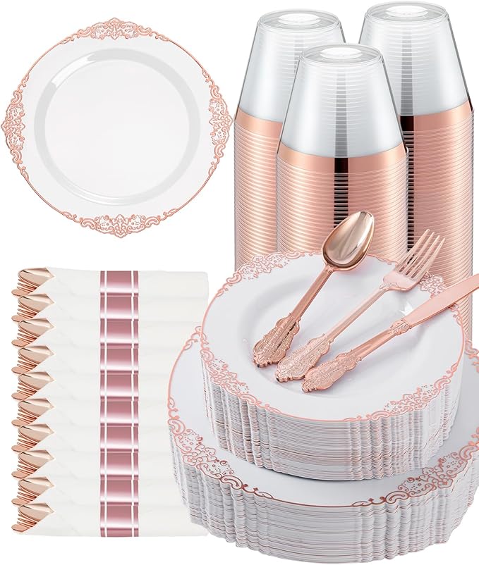 Goodluck 350 Piece Rose Gold Plastic Dinnerware Set for 50 Guests,Fancy Disposable Plates,Include: 100 Rose Gold Rim Plastic Plates,150 Silverwares,50 Pre Rolled Napkins,50 Cups for Party,Wedding