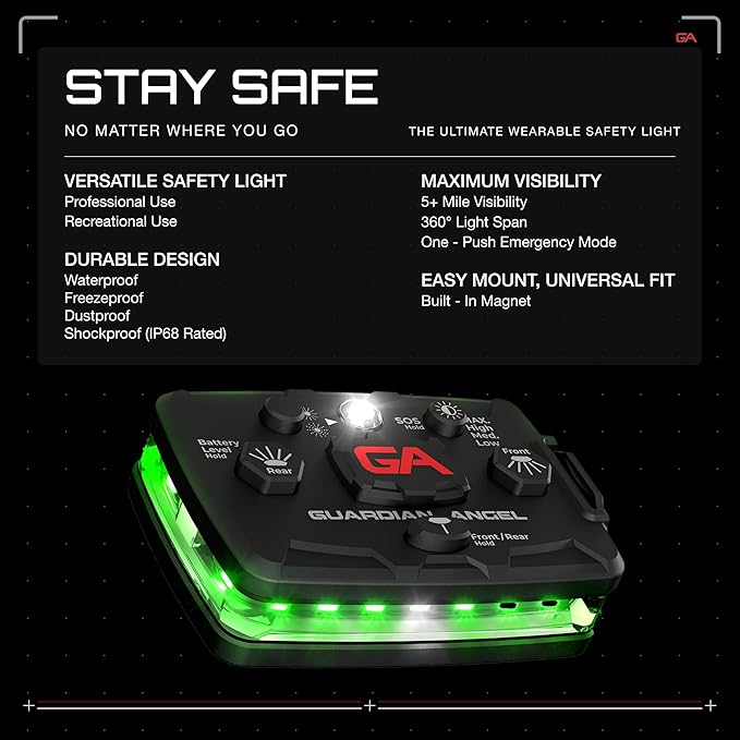Guardian Angel Elite Series Safety Light, Beacon Device (Green Front & Green Rear) Rechargeable, Magnetic, Hands-Free Wearable, Mountable LED Light for Construction, Roadside, Towing, Industrial TEE