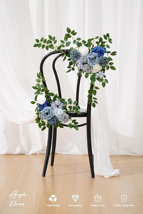 2pcs Blue & Grey Deluxe Welcome Sign Artificial Flowers Wedding Backdrop Garland Hanging Floral Arrangements for Ceremony Reception Entryway Board Sweetheart Table