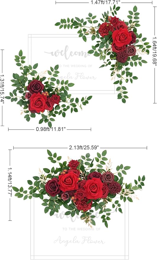 2pcs Burgundy & Red Deluxe Welcome Sign Artificial Flowers Wedding Backdrop Garland Hanging Floral Arrangements for Ceremony Reception Entryway Board Sweetheart Table