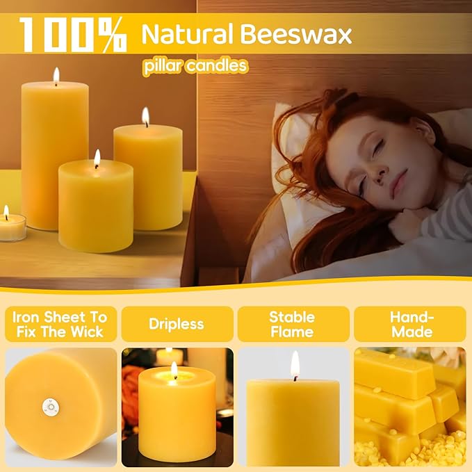 Natural Beeswax Pillar Candles Set of 3,Pure Beeswax Candles 213 Hours Long Burning,Unscented 100% Bees Wax Candle for Home,Emergency,Dripless Smokeless Organic Pillar Candle Bulk-3x3in,3x4in,3x6in