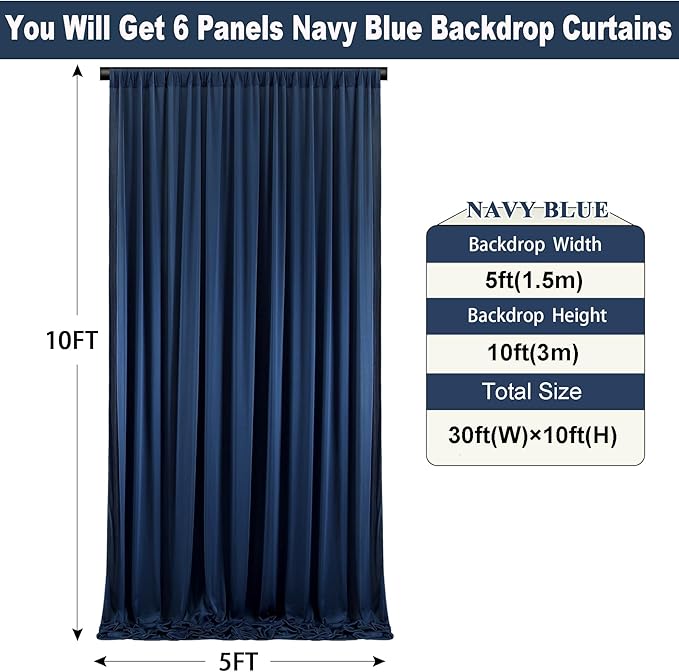 30ft×10ft Wrinkle Free Navy Blue Backdrop Curtains for Parties, 6 Panels 5×10ft Thick Silky Polyester Navy Photo Backdrop Drapes Curtains for Graduation Party Birthday Baby Shower Wedding Photography