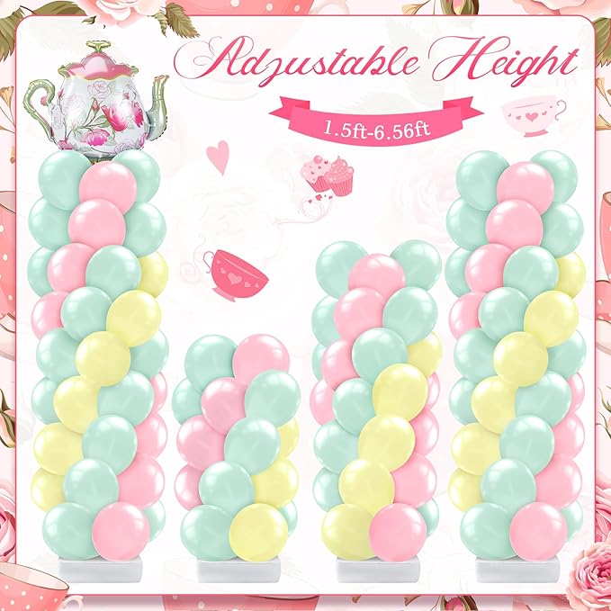 Kasyat 2 Set Tea Party Balloon Column Stand Kit with Adjustable Pastel Foil Balloon Arch Tea Party Decor for Spring Bridal Shower Wedding Baby Shower Teapot Birthday Decorations