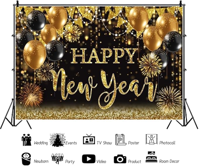 Happy New Year Backdrop 10x6.5ft Shining Black and Gold Balloons Background Happy 2024 New Year Backdrop 2024 New Year Eve Photo Backdrops for Photography NYE Party Portrait Photo Studio Props