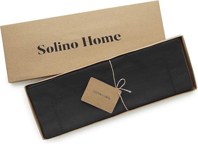 Solino Home Black Placemats Set of 4 - Cotton Linen Hemstitch Placemats 14 x 19 Inch for Winter, Spring, Easter