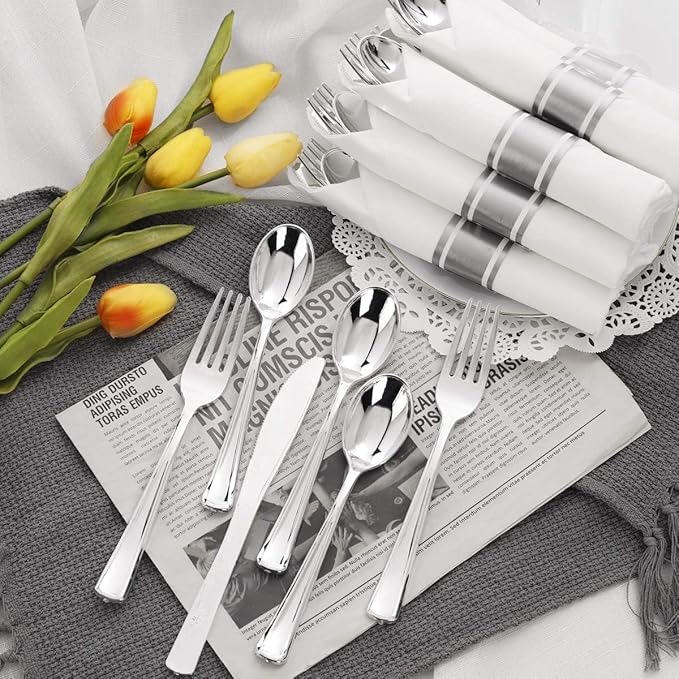 100Pack Wrapped Silver Plastic Silverware Sets - Heavy Duty Plastic Silverware Include Pre Rolled Disposable Utensils with Napkins for Parties & Dinners & Weddings