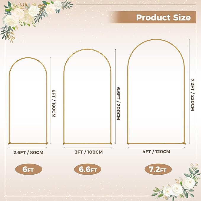 Babenest Gold Arch Backdrop Stand Set of 3, 6FT/6.6FT/7.2FT Metal Arch Weeding Round Tube Stand, Balloon Arch Frame for Ceremony Birthday Party Bridal Baby Shower Banquet Decoration