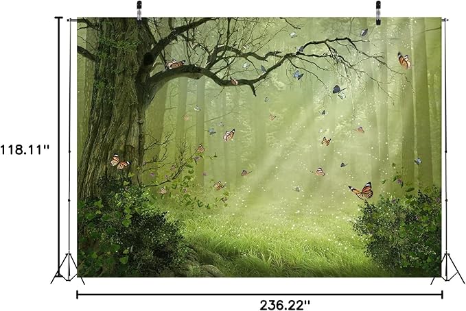 BELECO Fairy Tale Forest Backdrop 20x10ft Fabric Jungle Forest Sunsine Butterflies Background Enchanted Forest Nature Woodland Backdrop Baby Shower Birthday Party Decor Banner Kids Adults Photoshoot