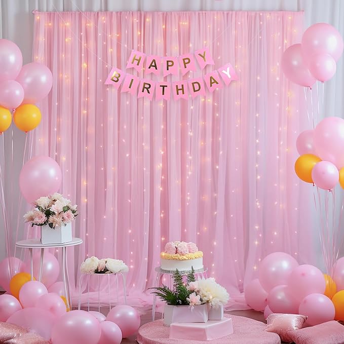 20x10ft Baby Pink Tulle Backdrop Curtain with Lights String for Parites, Sheer Photo Backdrop Curtains with Lights for Wedding Backdrop Ceremony Reception Bridal Shower Baby Shower Birthday Party