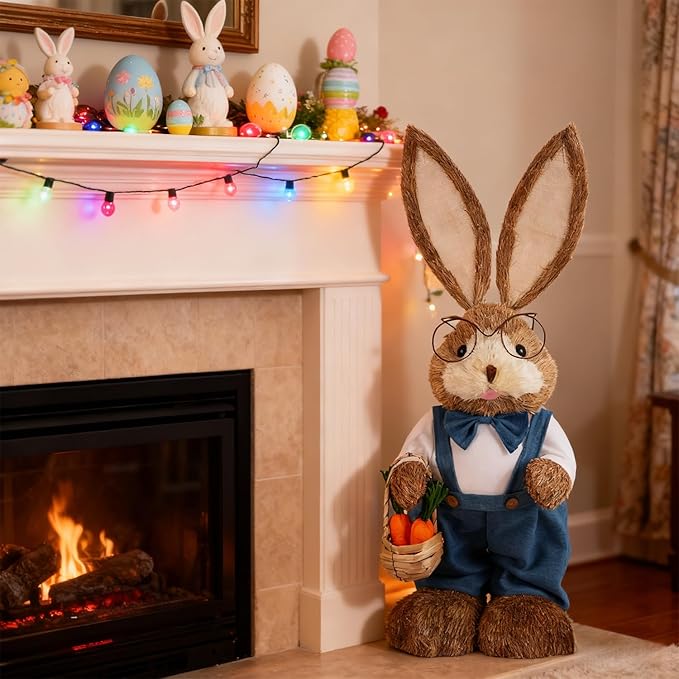 Juegoal Easter Straw Bunny Decorations, 32"(2.6FT) Extra Large Standing Mr. Bunny Figurine, Handmade Easter Rabbit Statues, Cute Photo Props Gifts for Office Kitchen Farmhouse Spring Home